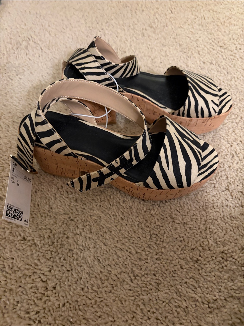H&M Zebra-Print Cork Platform Sandals - Black, White & Tan